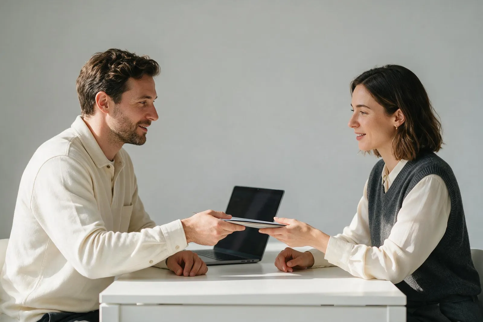Two colleagues handing a document across a desk